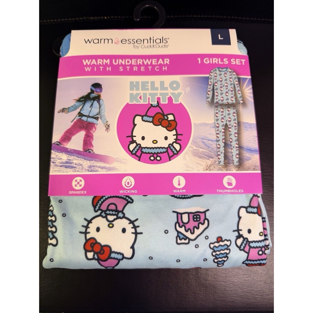 Warm Essentials Cuddl Duds Girls L Hello Kitty 2‑Pc Thermal Underwear Set